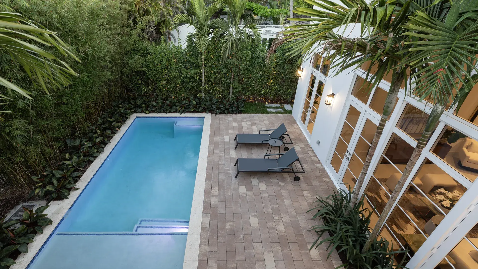505 Zamora — aerial view of pool at dusk